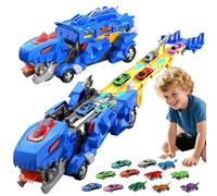 3T6B Dinosaure Transport Truck Jouet Voitures avec 12 Mini Voitures, 3 en 1 Camion de Course Pliable Portable Double Couche, Cadeau Enfants pour Les Enfants de 3 à 8 Ans