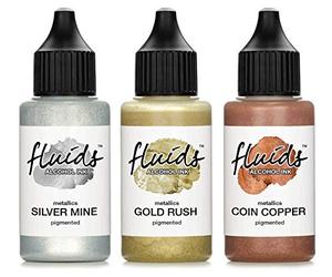 3x 30 ml Octopus Fluids Alcohol Ink Set Metallic GOLD RUSH, SILVER MINE, COIN COPPER, Encre à alcool pour Fluid Art et Resin Art, résine époxy