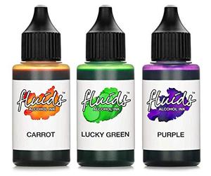 3x 30ml Octopus Fluids Alcohol Ink Set CARROT, LUCKY GREEN, PURPLE, Encre à alcool pour Fluid Art et Resin Art, résine époxy