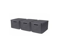 Curver Lot de 3 Boîtes avec Couvercle - 3 Caisses (3 * 30L) avec Un Design Rotin Tressé pour Salle de Bain, Chambre, Bureau - Poignées Ergonomiques - Gris foncé