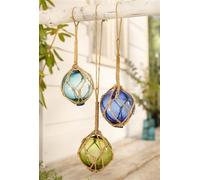 3x boules de verre décoratives dans un filet de pêche, bleu turquoise vert, maritime, boules décoratives, décoration à suspendre pour l'intérieur & l'extérieur