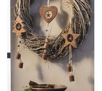 3x Décorations de fenêtre "étoile, sapin & cœur" en bois, 40 cm de haut, avec clochettes en métal aspect rouille, décoration de Noël