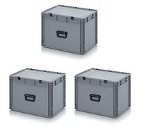 3x Eurobehälter 60 x 40 x 43,5 mit Scharnierdeckel und Griff (Tragegriff, Klappgriff) inkl. gratis Zollstock, 3er Set