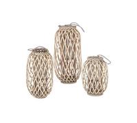 3x Lanternes en Rotin 40xØ26/50xØ28/60xØ30 cm avec Poignée, Bois Naturel