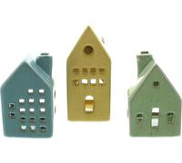 3x Porte-bougies à réchaud Maisons Porcelaine jaune, vert, bleu