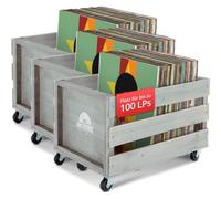 3x Rangement Vinyles Caisse Range en Bois Retro 100 LP Disques 4 Roulettes Gris