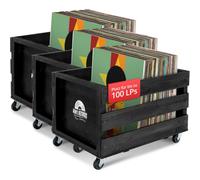 Stagecaptain SPK-100 BK caisse à disques Emil noire 3x set | Boîtes de rangement pour jusqu'à 100 LPs, en bois massif au design rétro, 4 roulettes orientables avec roulement à billes