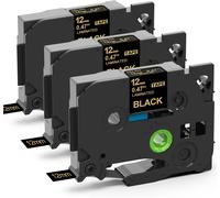 3x TZ-334 12mm Ruban laminés Compatible avec Brother P-Touch TZe-334 12mm x 8m 0,47 étiquettes Or sur Noir Pour PT-H100LB H105 H107B H110 H200 H101TB P300BT Cube D200BW D210 D400