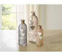 3x vases bouteille verre satiné cœurs en bois