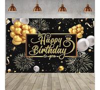 3x2m Toile de Fond Anniversaire Noir et Or Happy Birthday Sign Balloon Fireworks Poster Fond Photographique Birthday Party Indoor Outdoor Decorations Banner Photo Booth Props