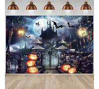 3x2m Toile de Fond Halloween Horreur Lune Nuit château Chauve-Souris Citrouille Lanterne Fond Photographique Famille Joyeux thème d'halloween fête décorations bannière photomaton Accessoires