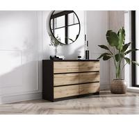 3xE Living Commode avec 6 tiroirs Noir & chêne wotan, L : 120 cm, H : 79 cm, P : 39 cm