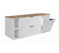 3xE Living Ensemble de Meubles de Salle de Bain avec Panier à Linge, Blanc/Plan Chêne Clair/Poignées Noires, 140 x 57 x 46 cm