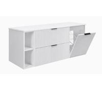 3xE Living Ensemble de Meubles de Salle de Bain avec Panier à Linge, Blanc/Poignées Noires, 140 x 57 x 46 cm