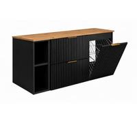 3xE Living Ensemble de Meubles de Salle de Bain avec Panier à Linge, Noir/Plan Chêne Craft/Poignées Dorées, 120 x 57 x 46 cm