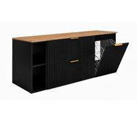 3xE Living Ensemble de Meubles de Salle de Bain avec Panier à Linge, Noir/Plan Chêne Craft/Poignées Dorées, 140 x 57 x 46 cm