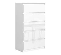 3xeliving Commode avec 5 tiroirs 70 cm, Blanc/Blanc Brillant, D : 70 x 39 x 125 cm.