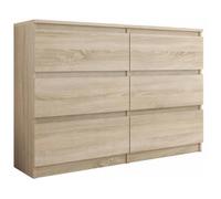 3xEliving Commode élégante et spacieuse DEMI 6 tiroirs 140 cm, chêne sonoma, parfaite pour le salon, le bureau, la chambre