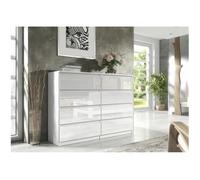3xEliving Commode élégante et spacieuse DEMI 8 tiroirs 120cm, blanc/ blanc brillant, parfaite pour le salon, le bureau, la chambre