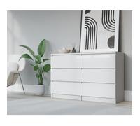 3xeliving Commode élégante et spacieuse Demii 6 tiroirs 140 cm, blanc/ blanc brillant, parfaite pour le salon, le bureau, la