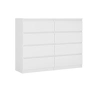 3xEliving Élégante et spacieuse commode DEMI 8 tiroirs 140cm, blanche, parfaite pour le salon, le bureau, la chambre