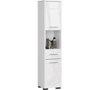 3xEliving KORALIA Armoire haute, armoire de salle de bains avec 6 compartiments et 2 portes en blanc/blanc brillant 140x30x30
