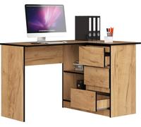 3xEliving LYNNA Bureau B16 DROIT CHÊNE CRAFT Petit bureau d'angle avec trois tiroirs, côté droit, dimensions : hauteur : 77 cm, largeur : 124,5 / 85 cm, profondeur : 45 / 48,5 cm