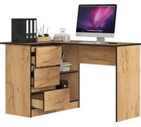 3xEliving LYNNA Bureau B16 GAUCHE CHÊNE CRAFT Petit bureau d'angle avec trois tiroirs, côté gauche, dimensions : hauteur : 77 cm, largeur : 124,5 / 85 cm, profondeur : 45 / 48,5 cm