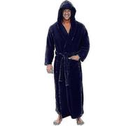(3XL, Navy blue) Men's Bathrobes, Resort Hotel Home Spa Terry Fleece Plush Long Hooded Robe