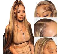 4/27 Highlight Perruque Brésilienne Droite Perruques de Cheveux Humains pour Femmes Noires Ombre Marron Miel Blond 13x4 Lace Front Perruque 150 Densité Perruques de Cheveux Humain 18 Pouces