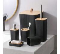 4/6 pièces Set de salle de bain en bois de luxe Cadeau de pendaison de crémaillère essentiel Comprend un porte-brosse à dents, une poubelle, un distributeur de savon, un porte-brosse de toilette, un p