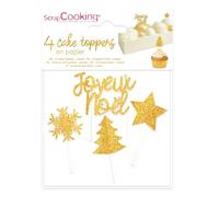 4 Accessoires de Noël Dorés en Papier - Déco Gâteau Bûche - Décorations Or Sapin, Etoile pour Bûches - 5009, Gold, Doré