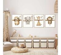 4 Affiche Animaux Chambre Enfant 21X30CM Poster Safari Bebe Koala Eléphant Girafe Singe Tableau Enfant Animaux Savane Garcon Affiche Safari Chambre Bebe Toile Murale Savane Bébé Beige sans Cadre