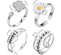 4 anneaux tournants anti-stress avec marguerites et trèfle à quatre | Bague anti-stress réglable avec élément rotatif, perles relaxantes pour soulager le stress, cadeau pour homme et femme