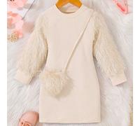 4 ans Robe à manches à franges rose pour filles, nouvelle robe de princesse douce 2026, ajustée avec élastique côtelé, accessoire en peluche en forme de cœur, style européen et américain pour jeune fi