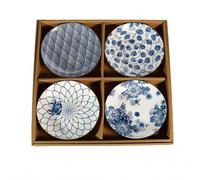 lachineuse - Coffret 4 Assiettes Japonaises - Asiettes Creuses ⌀ 17,5 cm au Style Asiatique - Coloris Bleu & Blanc - Vaisselle Japonaise Traditionnelle Zen - Idée Cadeau Japon - Design Vagues Fleurs