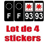 4 Autocollants Stickers Auto Plaque d'immatriculation 93 Black Noir Edition et F europe noir étoile - Couleur : droits - Angles : droits