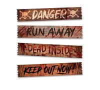 FIESTAS GUIRCA | Décoration Panneaux Avertissement - Set 4 Pièces | 4 Éléments Imprimés | Aspect Bois Ancien | 70X13 cm | PVC Léger | Messages Effrayants | Halloween, Karneval & Fasching