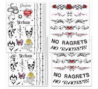 4 Blätter Keine Reue Tattoos temporaires, tatouages de cou en fil de fer barbelé pour fête d'Halloween, bal costumé, cosplay, tatouages pour fête trash
