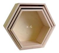 4 blocs de 3 étagères hexagone en bois 24-30 cm