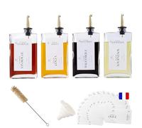 4 Bouteilles en Verre Rectangulaires de 350 ml , Bec Verseur doré et Entonnoir - Distributeur pour Huile, Vinaigre et Sirop, pour Organisation de la Cuisine, étiquettes français, Italien et espagnol