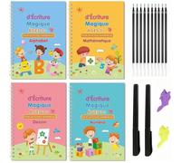 4 Cahiers d'Écriture Magique en Français Réutilisable Enfants avec 2 Stylos 10 Recharges et 2 Aides Écritures,Calligraphie 18.5x13cm