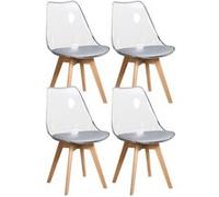 4 Chaises Tulipes Salle à Manger Scandinaves Bm Home Salle de Bureau, Pieds en Bois de Hêtre Massif, Transparente, assise Grise