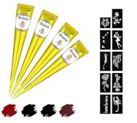 4 cônes de henné FADEDA | 4 x 25 g de pâte naturelle | 2 x noir, 1 x marron naturel, 1 x marron marron | 10 pochoirs autocollants différents | 100 % végétal | prêt à l'emploi et sans PPD