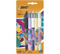 BIC Stylos-bille 4 Couleurs Décors – Hydro Dipping – Pointe moyenne 1,0 mm – Lot de 5