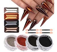 4 Couleurs Poudre Chrome Ongle Poudre Holographique Métallique à Effet Miroir pour Manucure Poussière Pigmentaire pour Nail Art Décoration Design Argent Or-Rouge Noir Chocolat Perle Poudre avec Outils