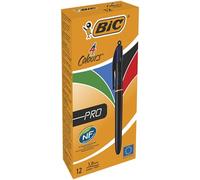 BIC Stylos-bille 4 Couleurs Pro rétractables - Pointe moyenne 1 mm - Couleurs assorties, Boîte de 12