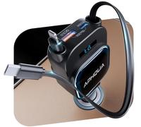 〖4-en-1 96 W〗 Chargeur de Voiture USB-C Allume-Cigare Rétractable APHQUA avec Affichage LED de Tension, PD 36 W/QC 30 W, 2 Câbles Rétractables de 70 cm, Fiche Pliable à 180°, Compatible 12/24 V Car