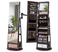 4 en 1 Armoire à Bijoux Pivotante à 360° COSTWAY, Lumières LED et Miroir, Support de Sèche-cheveux, Etagères à l'arrière, Café