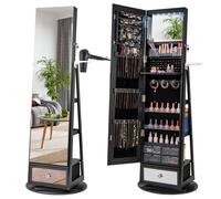 4 en 1 Armoire à Bijoux Pivotante à 360° COSTWAY, Lumières LED et Miroir, Support de Sèche-cheveux, Etagères à l'arrière, Noir